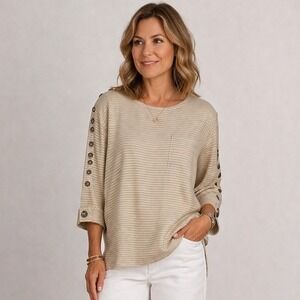 Ali Miles Blouse Women S Beige White Stripe Linen Neutral Classic Luxury Coastal